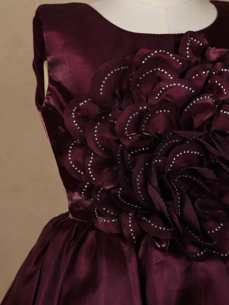 Wine Embellished Design Satin Kids Gown With 3D Rose Appliqué 6