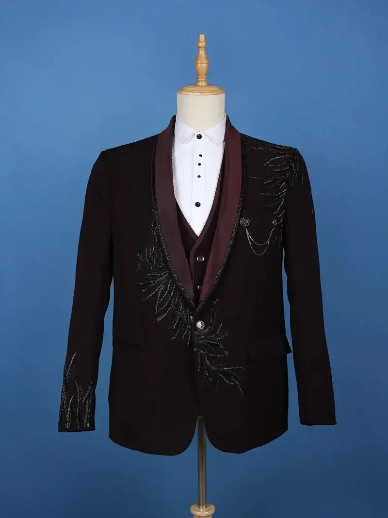 Wine Embellished Satin Men's Suit With Leaf Sequin Work 1