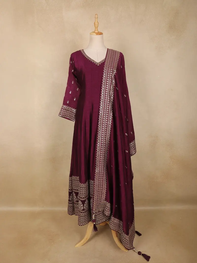 Wine Embroidered Georgette Anarkali Suit With Dupatta 1