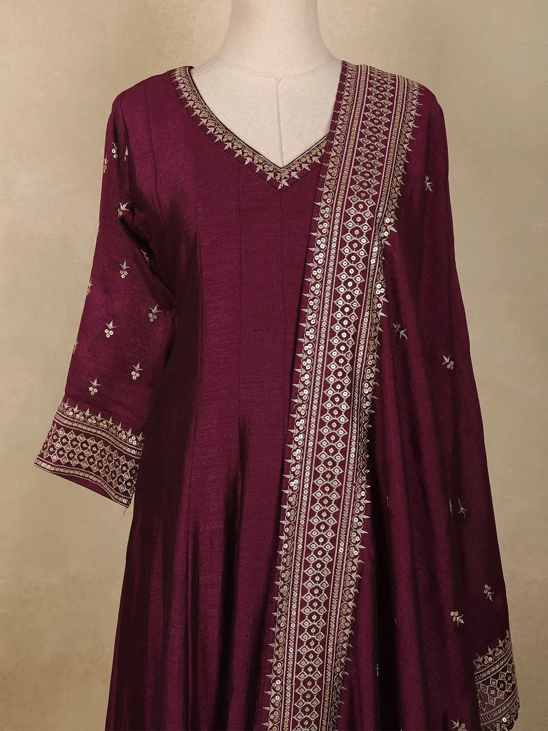 Wine Embroidered Georgette Anarkali Suit With Dupatta 2