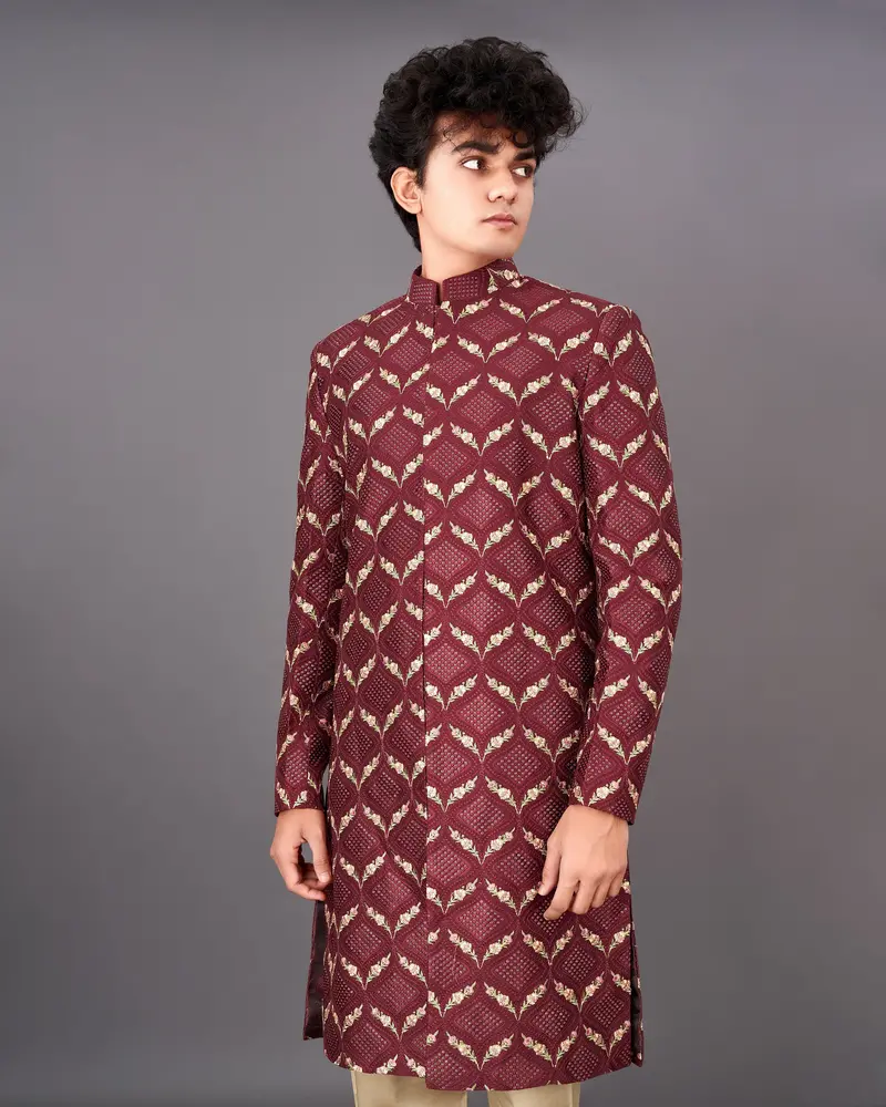 Wine Embroidered With Tikki Work Sherwani With Kurta And Pants Set 1