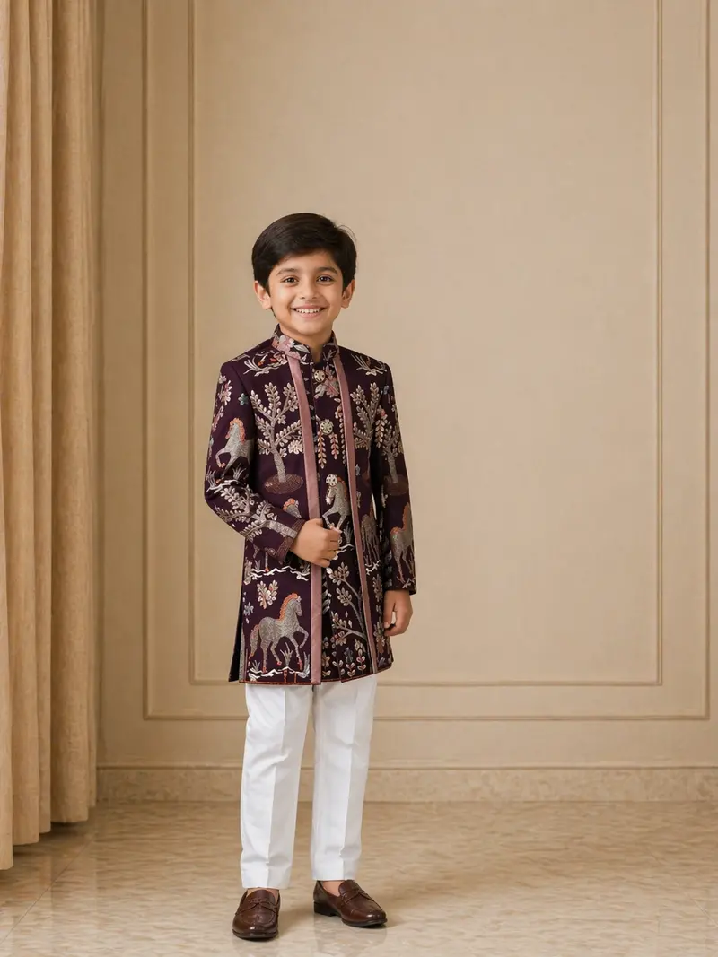 Wine Embroidery Worked Cotton Sherwani And Pant Set 1