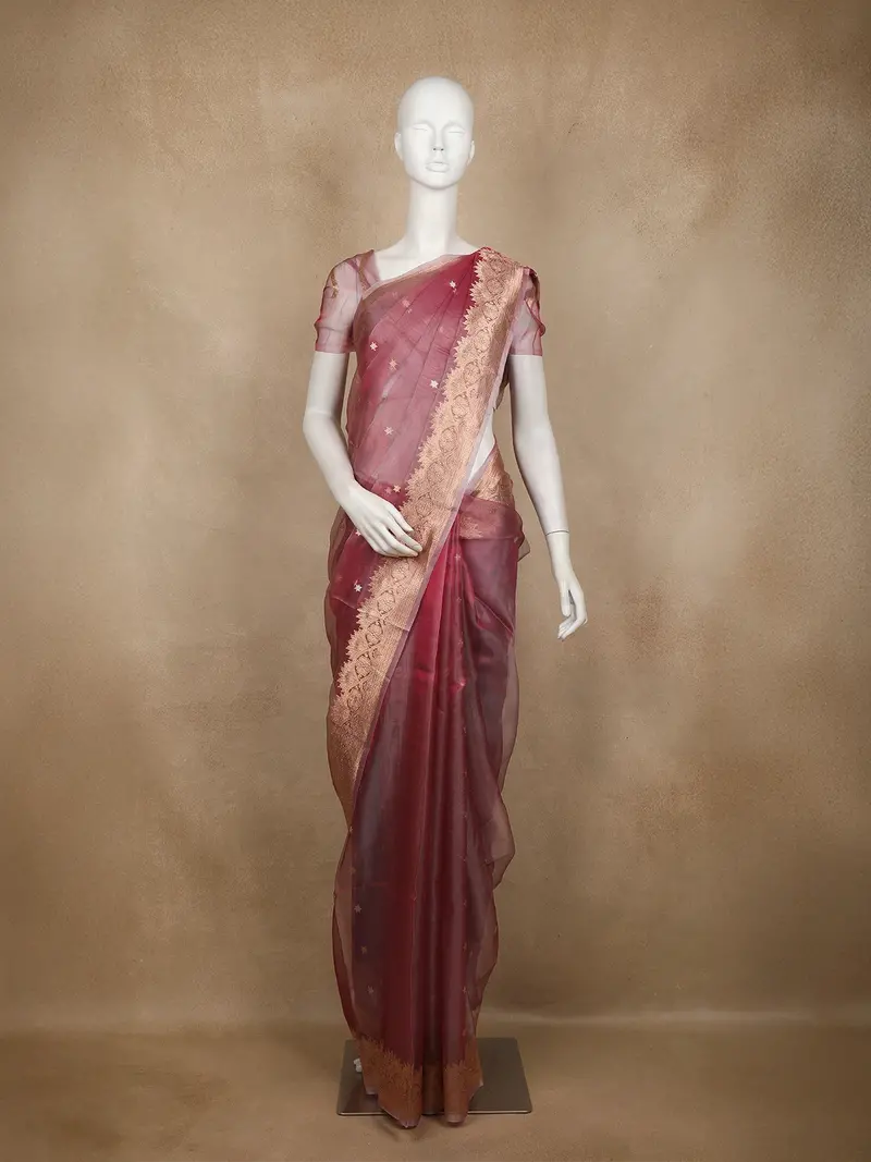 Wine Floral Butta Woven Tissue Saree With Designer Zari Border 1