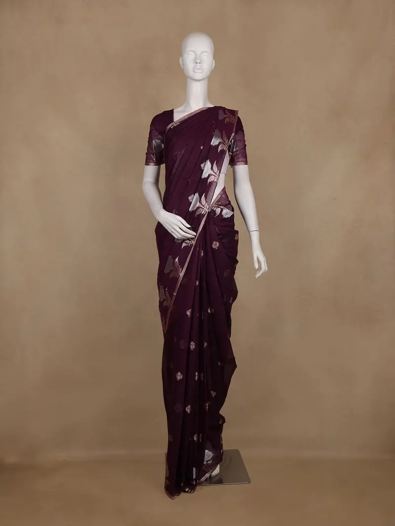 Wine Floral Design Semi Banarasi Silk Saree 1
