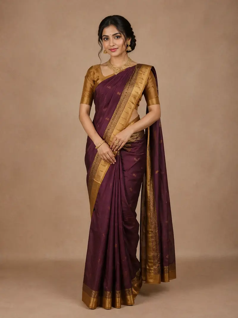 Wine Floral Design Semi Tussar Silk Saree With Contrast Border 1