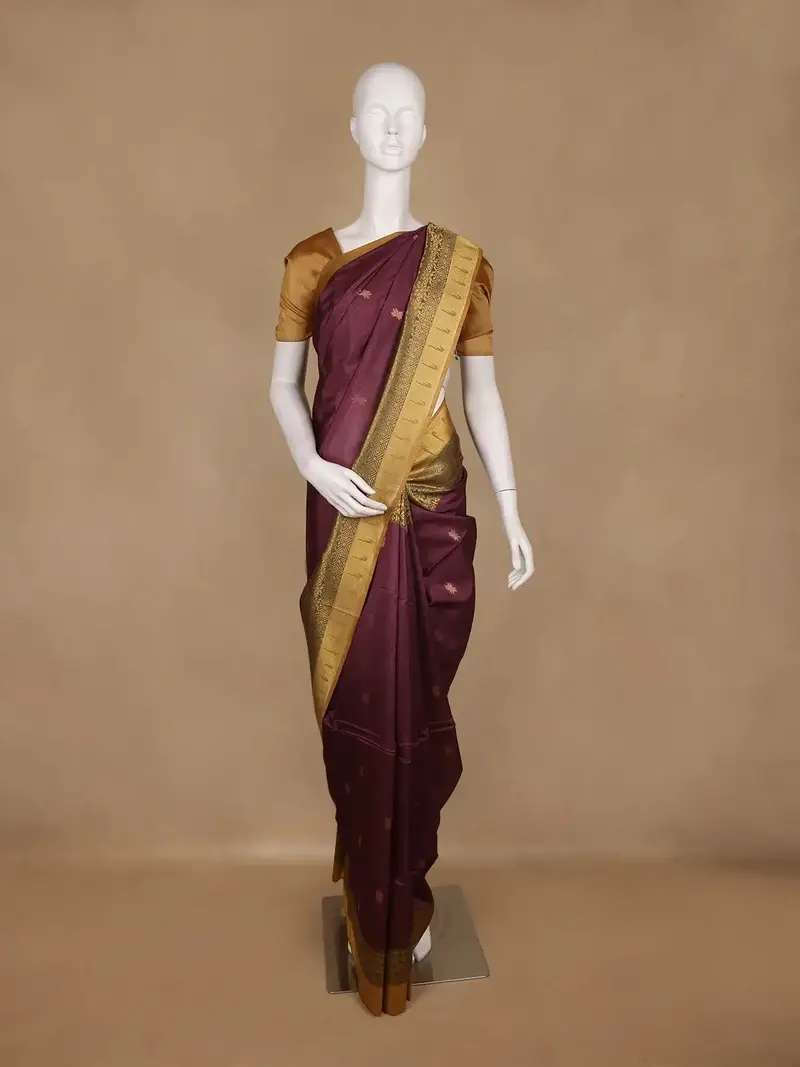 Wine Floral Design Semi Tussar Silk Saree With Contrast Border 2