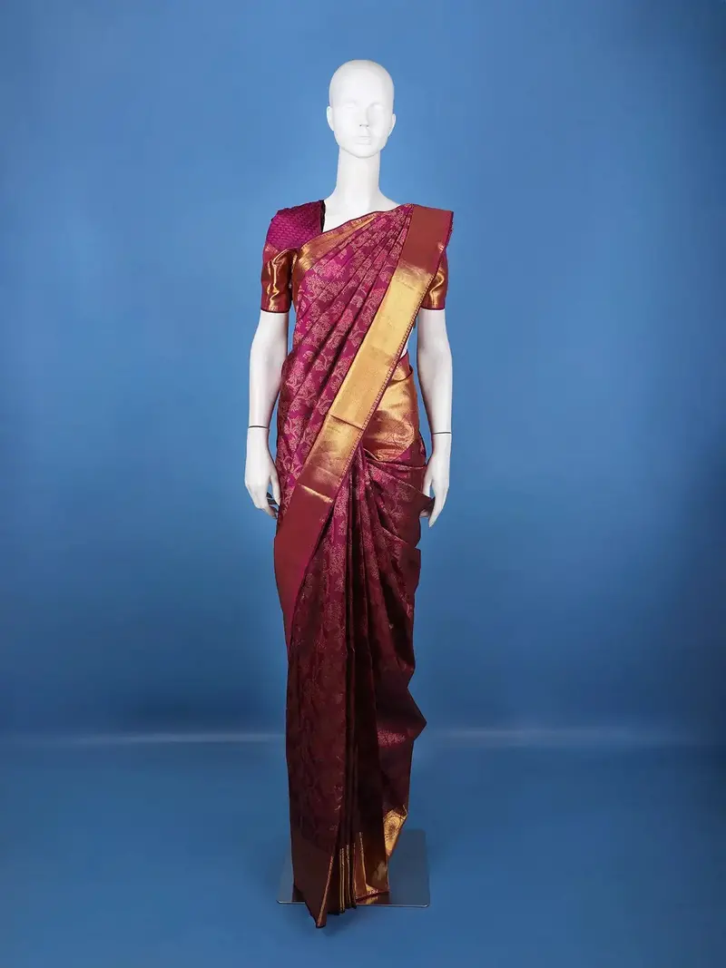 Wine Floral Design Woven Pure Kanchipuram Silk Saree 1