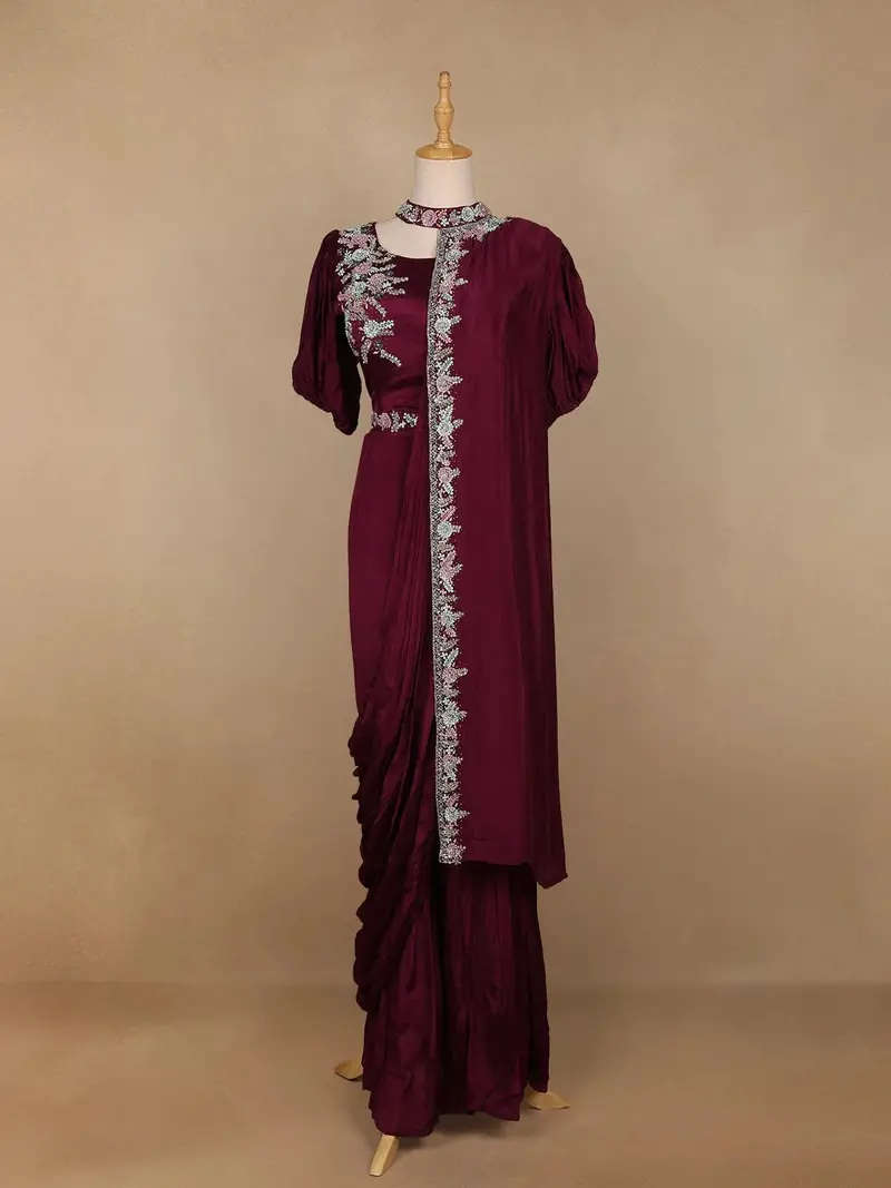 Wine Floral Designed Crepe Sharara Salwar Suit 1