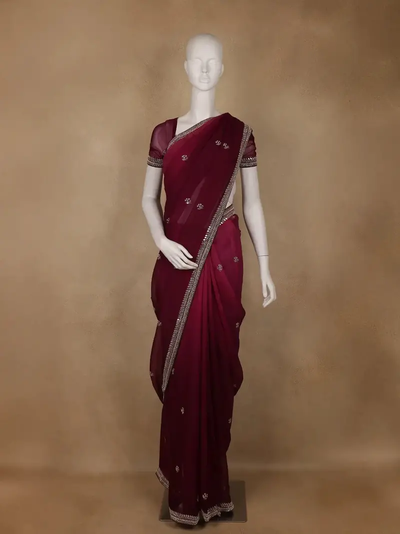 Wine Floral Designed Georgette Saree With Embroidered Border 1