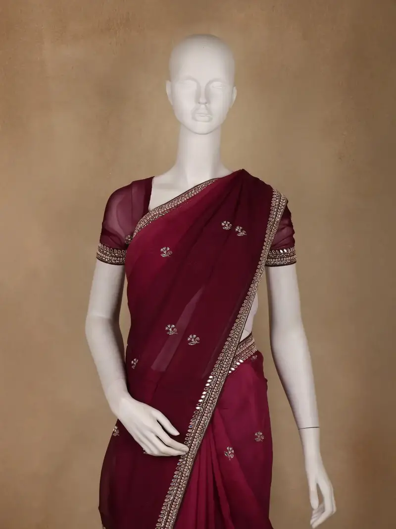 Wine Floral Designed Georgette Saree With Embroidered Border 2