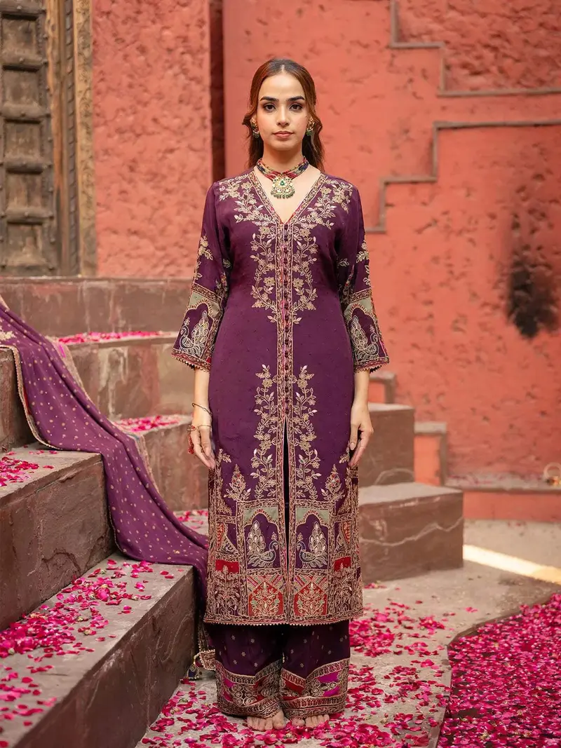 Wine Floral Embroidered Crepe Palazzo Salwar Suit 1