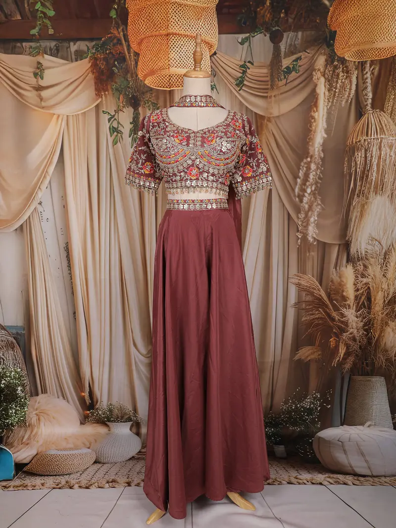 Wine Floral Embroidered Design Crepe Palazzo Suit With Dupatta 1