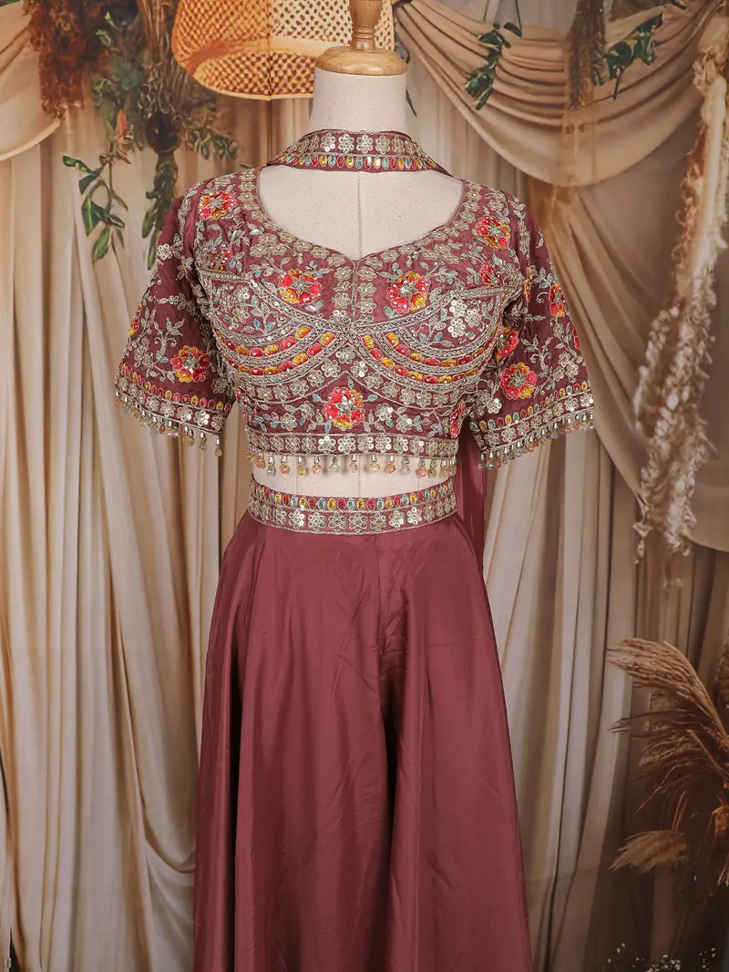 Wine Floral Embroidered Design Crepe Palazzo Suit With Dupatta 2