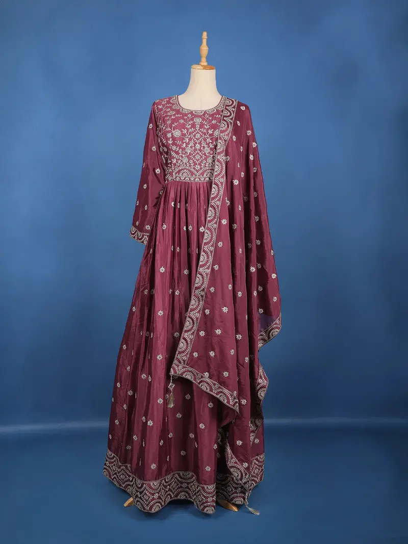 Wine Floral Embroidered Design Georgette Gown 1
