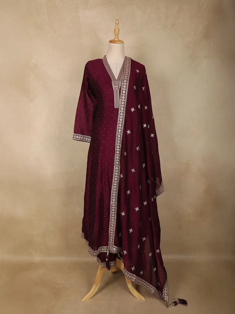 Wine Floral Embroidered Design Georgette Straight Cut Salwar Suit 1