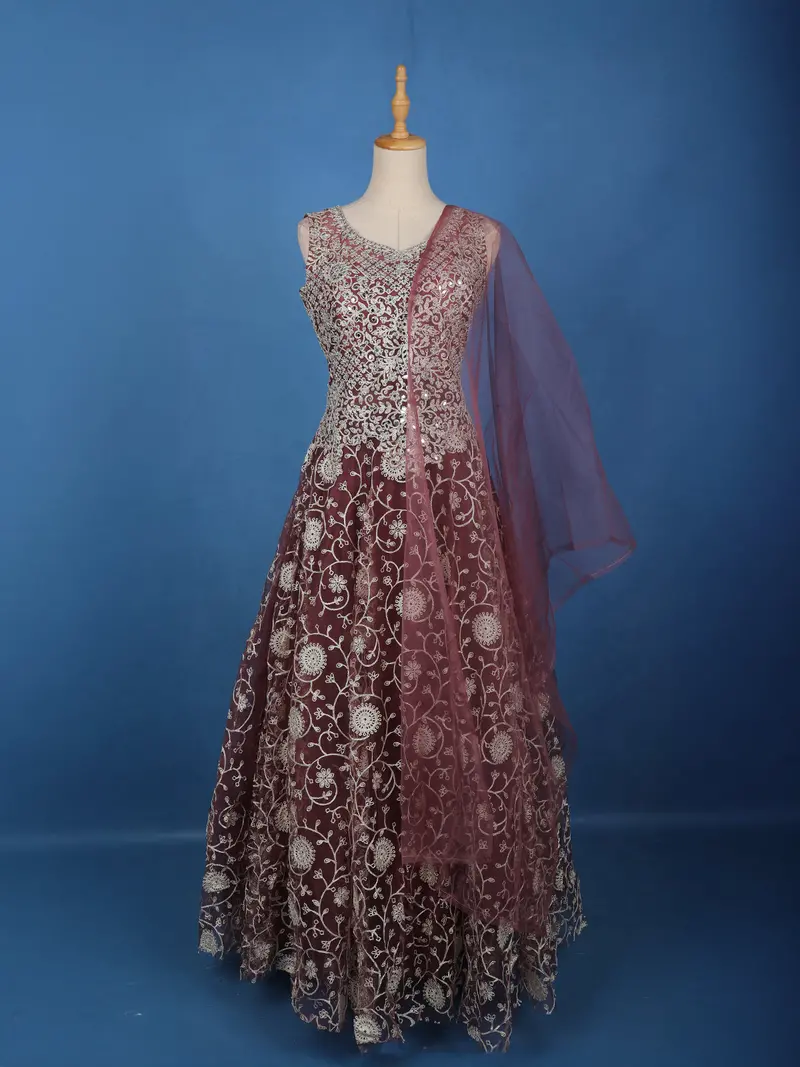 Wine Floral Embroidered Design Net Gown 1