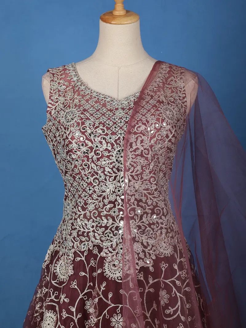 Wine Floral Embroidered Design Net Gown 2
