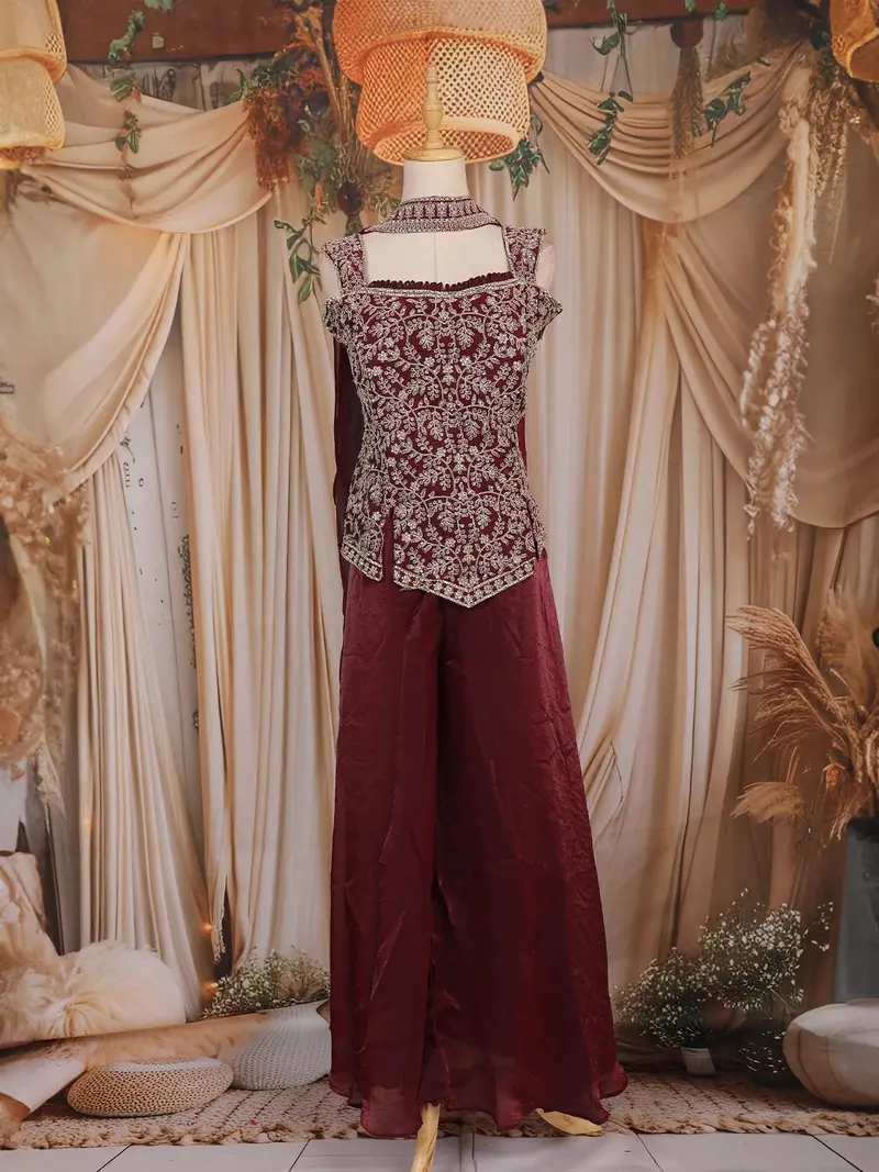 Wine Floral Embroidered Design Organza Palazzo Suit 1