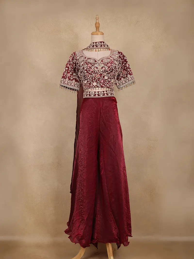 Wine Floral Embroidered Design Space Silk Palazzo Suit 1