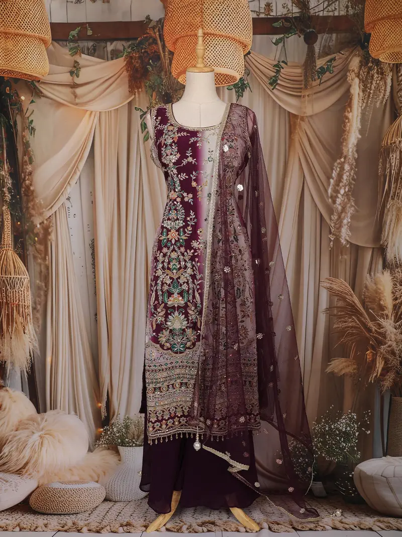 Wine Floral Embroidered Design Tissue Silk Palazzo Suit With Dupatta 1