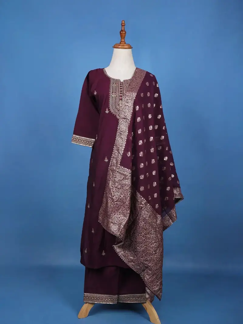 Wine Floral Embroidered Georgette Salwar Suit 1