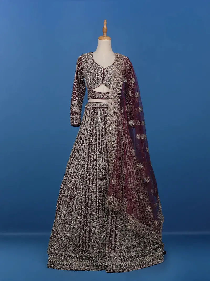 Wine Floral Embroidered Net Lehenga For Bridesmaids 1