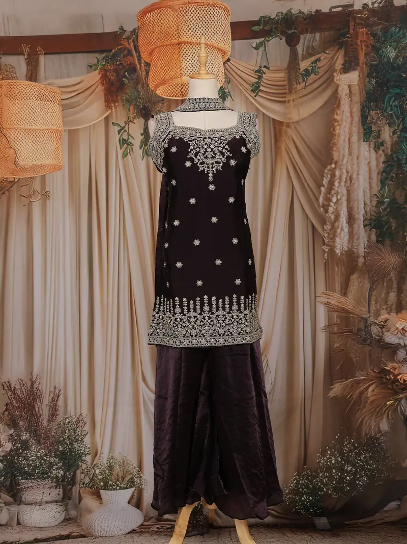 Wine Floral Embroidered Organza Palazzo Suit 1
