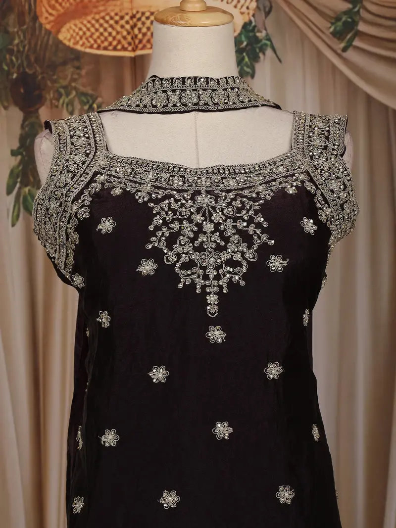 Wine Floral Embroidered Organza Palazzo Suit 2