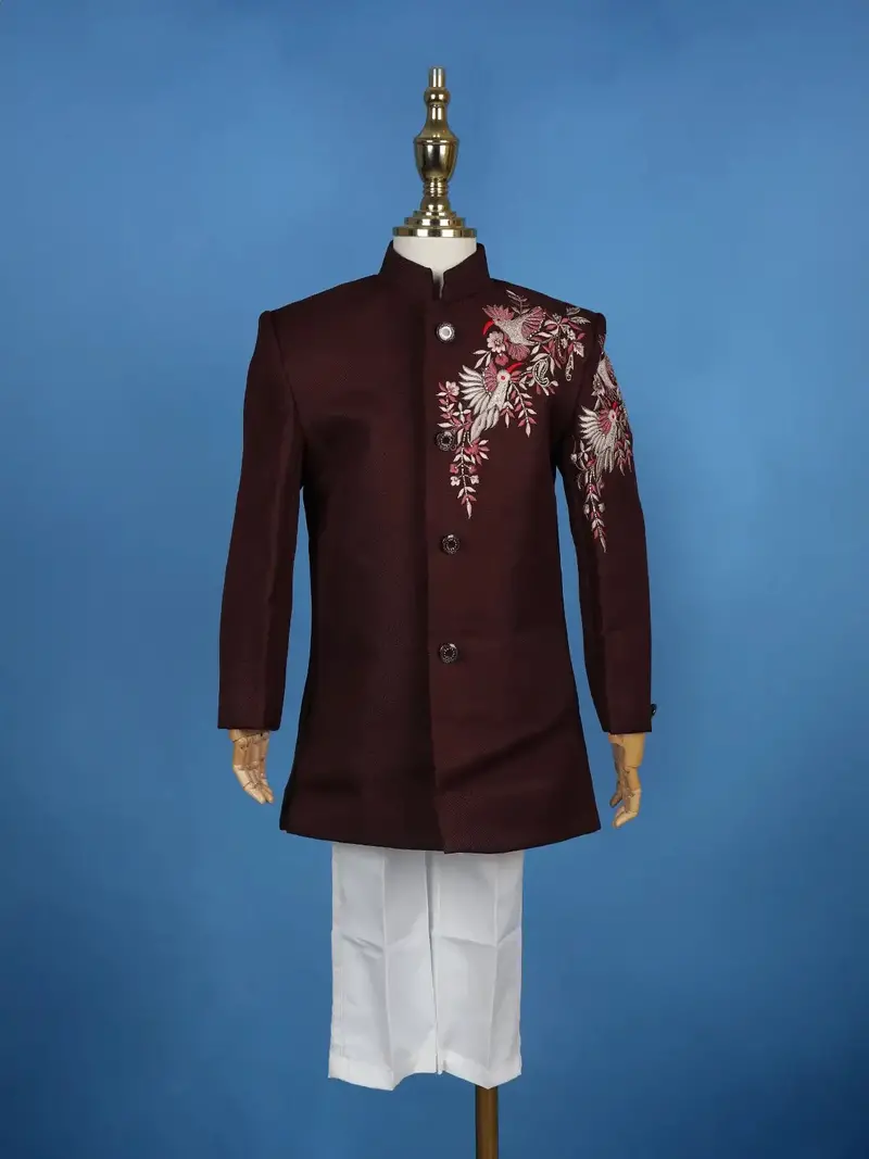 Wine Floral Embroidered Polyester Sherwani And Pant Set 1