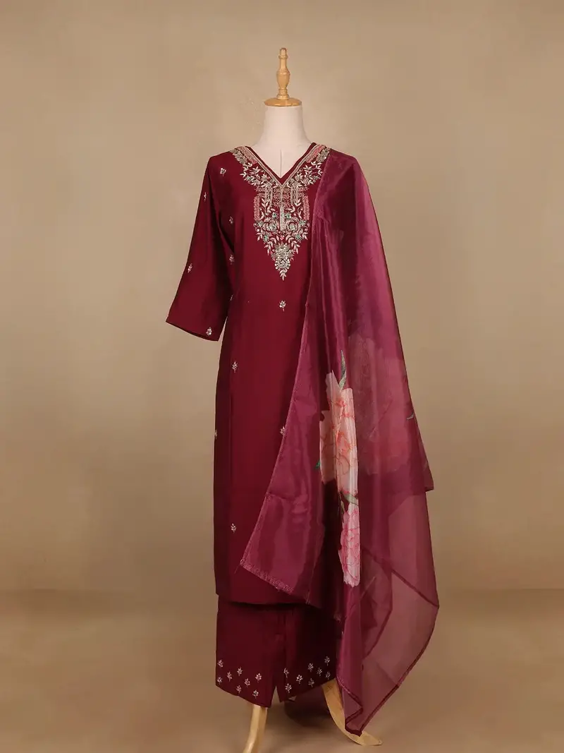 Wine Floral Embroidered Raw Silk Straight Cut Salwar Suit 1
