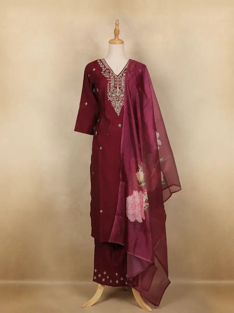 Wine Floral Embroidered Semi Silk Salwar Suit With Dupatta 1