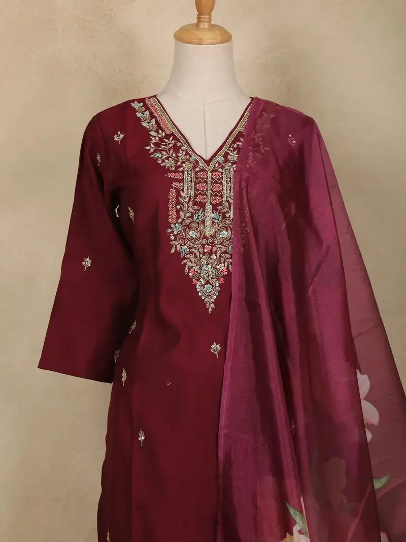 Wine Floral Embroidered Semi Silk Salwar Suit With Dupatta 2