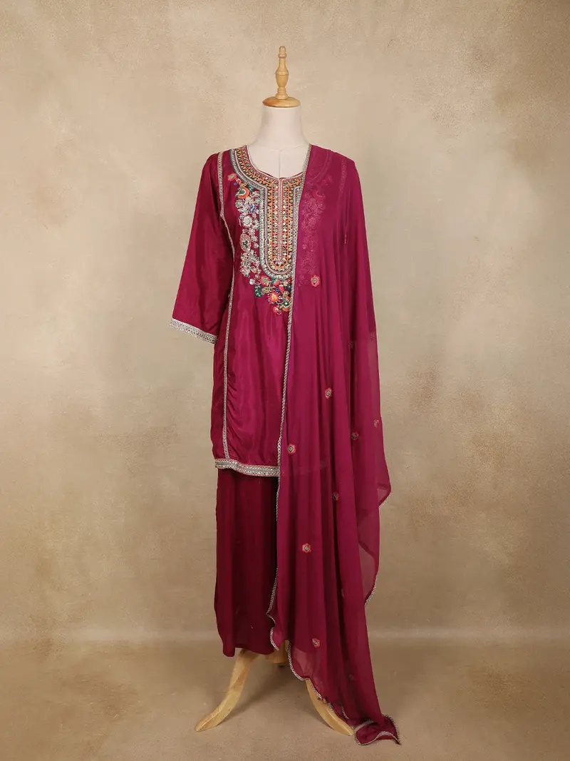 Wine Floral Embroidered Silk Cotton Palazzo Suit With Dupatta 1