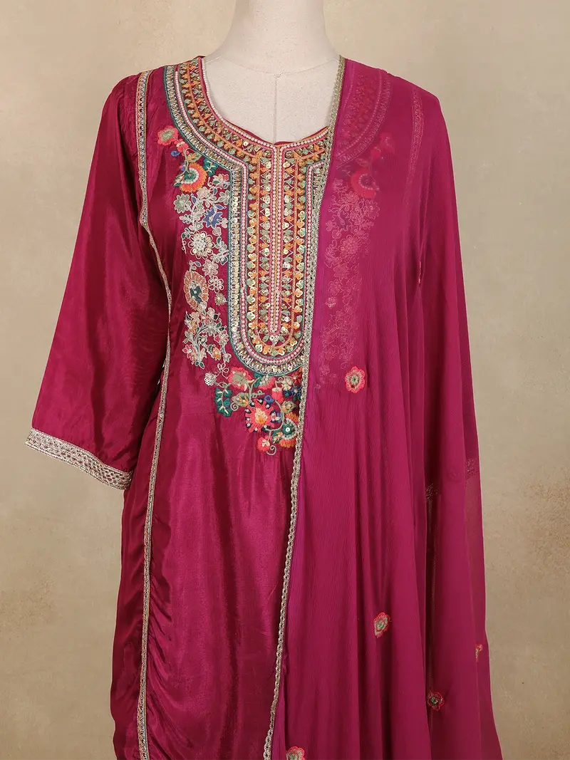 Wine Floral Embroidered Silk Cotton Palazzo Suit With Dupatta 2