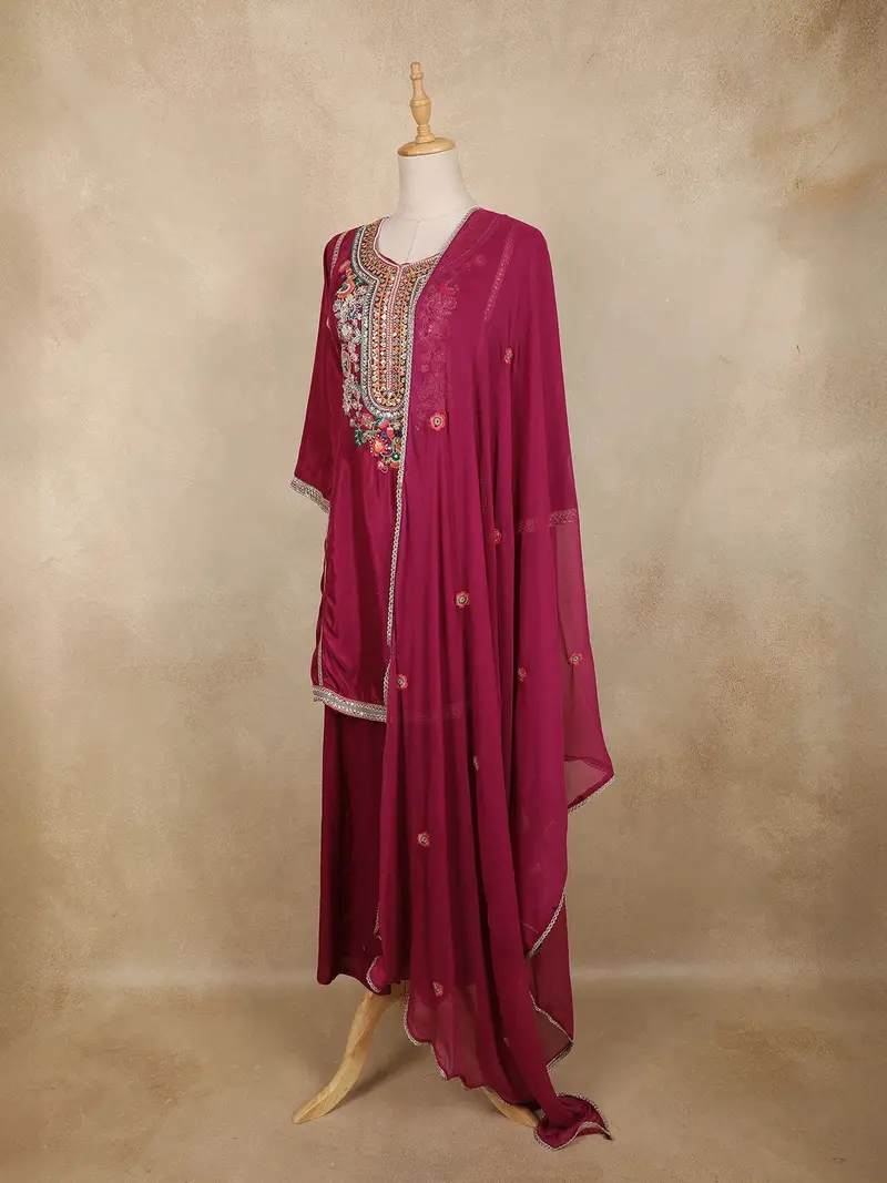 Wine Floral Embroidered Silk Cotton Palazzo Suit With Dupatta 3