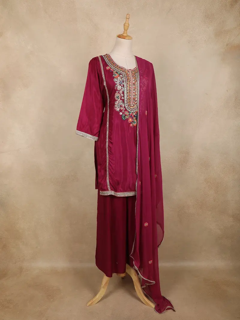 Wine Floral Embroidered Silk Cotton Palazzo Suit With Dupatta 4
