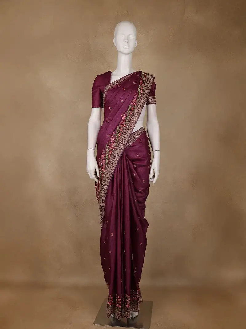Wine Floral Embroidered Tussar Silk Saree 1
