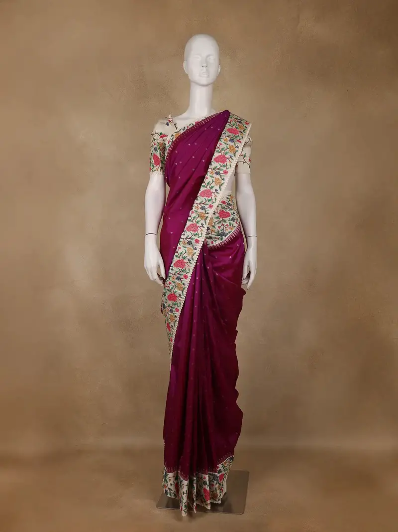 Wine Floral Embroidered Tussar Silk Saree 1