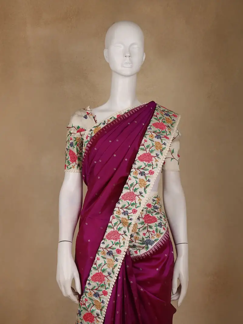 Wine Floral Embroidered Tussar Silk Saree 2