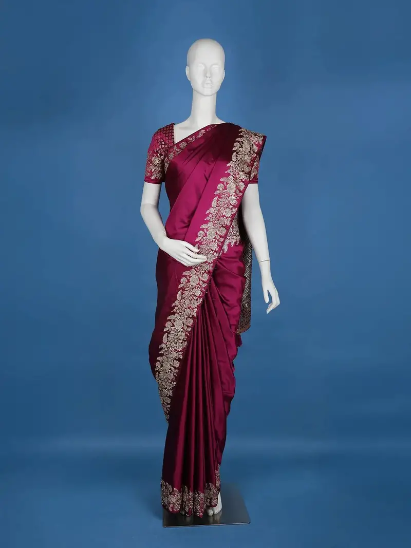 Wine Floral Embroidery Bridal Banarasi Silk Saree 1