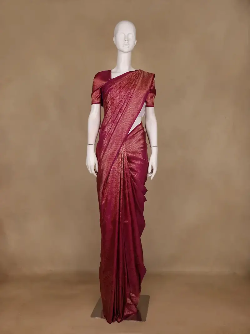 Wine Floral Motif Woven Design Pure Kanchipuram Silk Saree 1