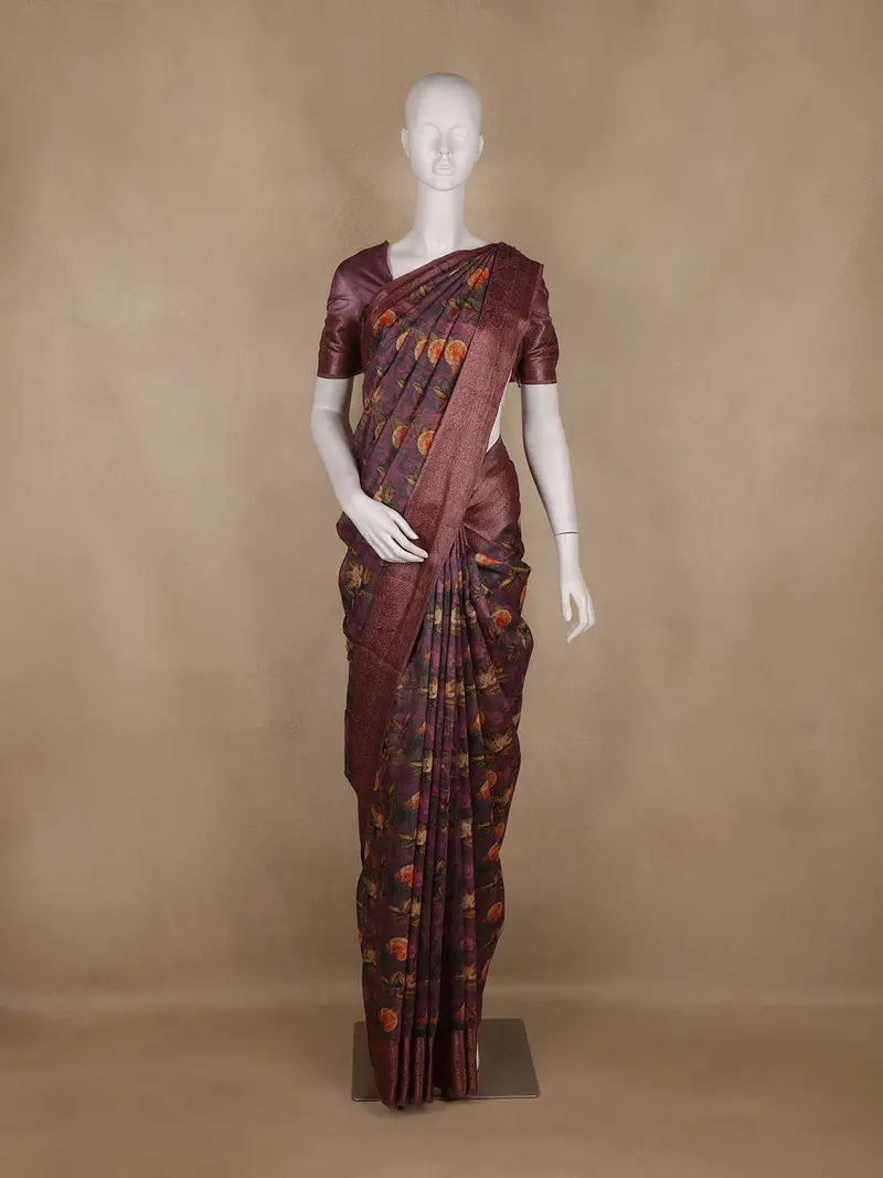 Wine Floral Printed Chandheri Cotton Saree 1