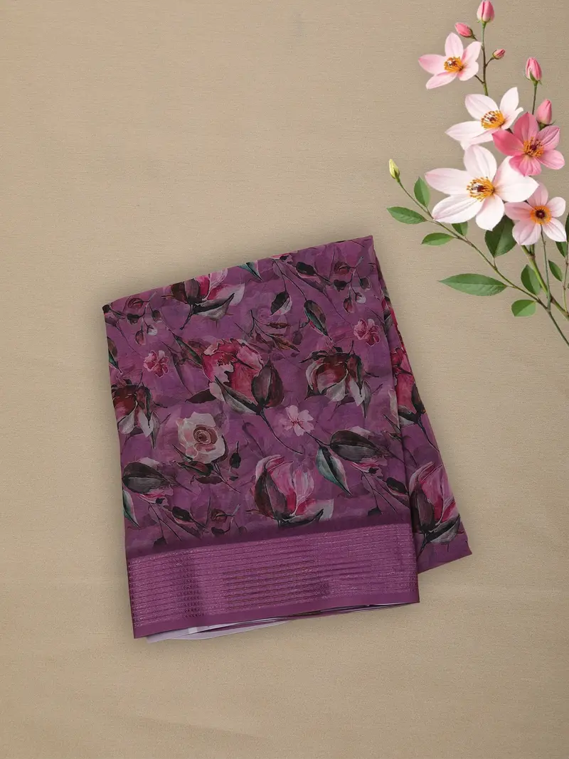 Wine Floral Printed Chiffon Saree With Self Woven Border 1