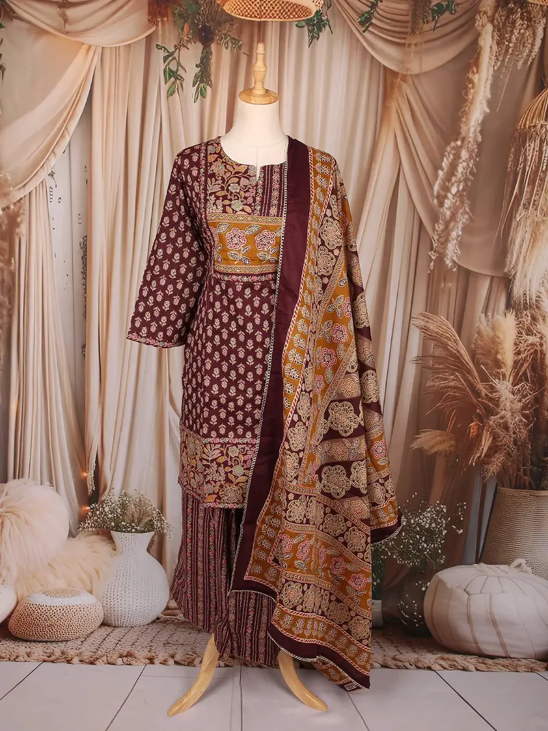 Wine Floral Printed Cotton Palazzo Suit With Printed Dupatta 1