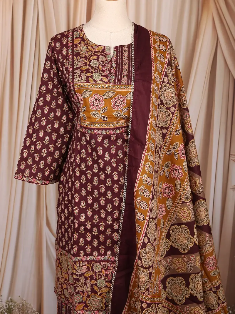 Wine Floral Printed Cotton Palazzo Suit With Printed Dupatta 2