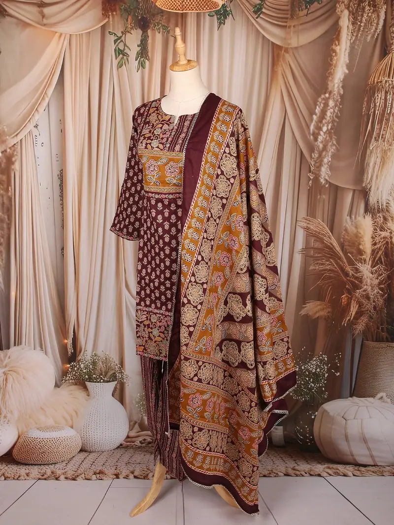 Wine Floral Printed Cotton Palazzo Suit With Printed Dupatta 3