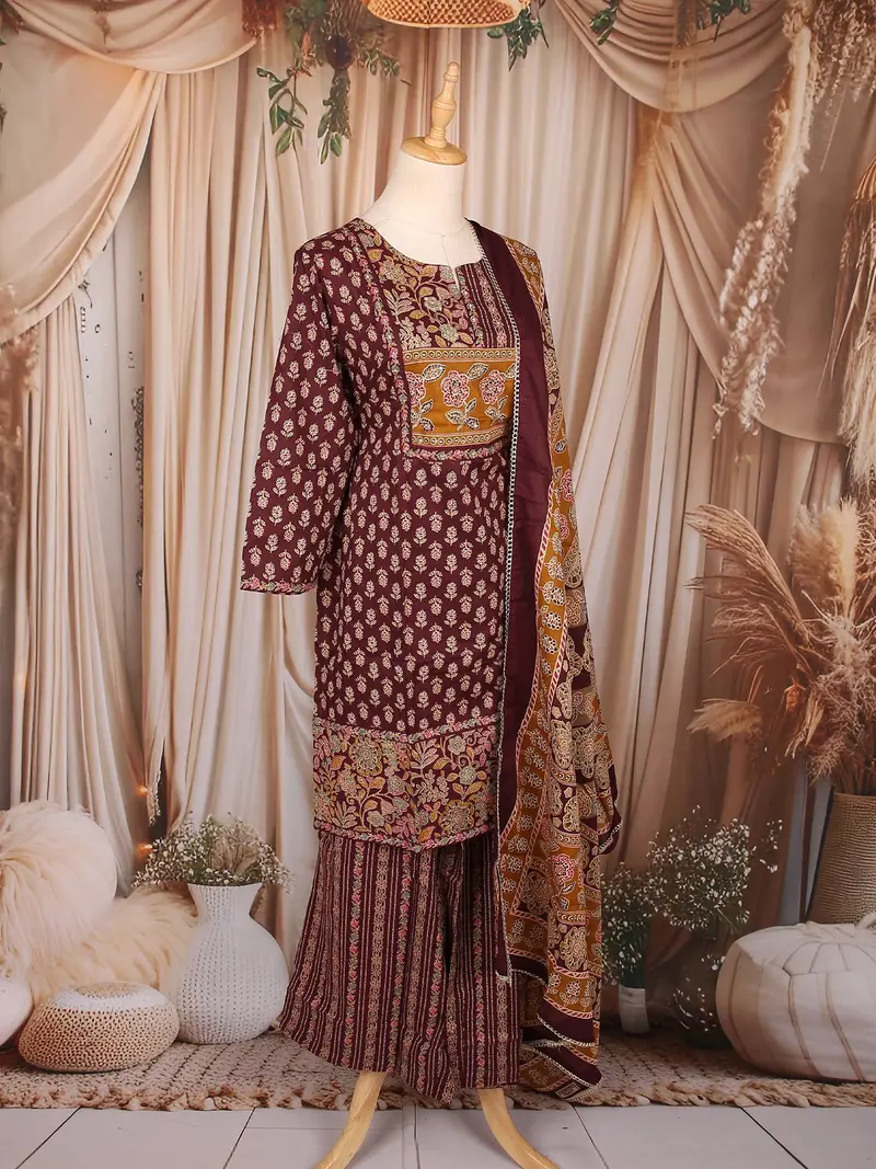 Wine Floral Printed Cotton Palazzo Suit With Printed Dupatta 4