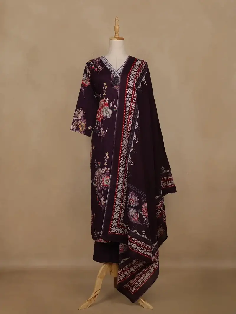 Wine Floral Printed Cotton Salwar Suit With Dupatta 1