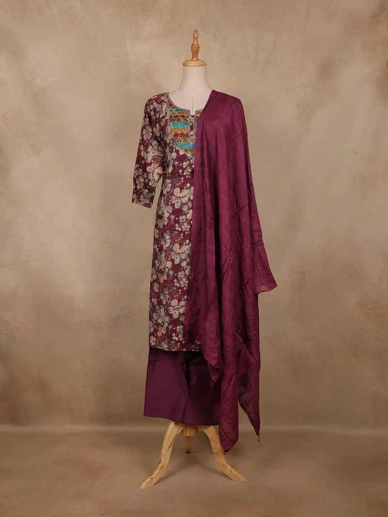 Wine Floral Printed Cotton Salwar Suit With Dupatta 1
