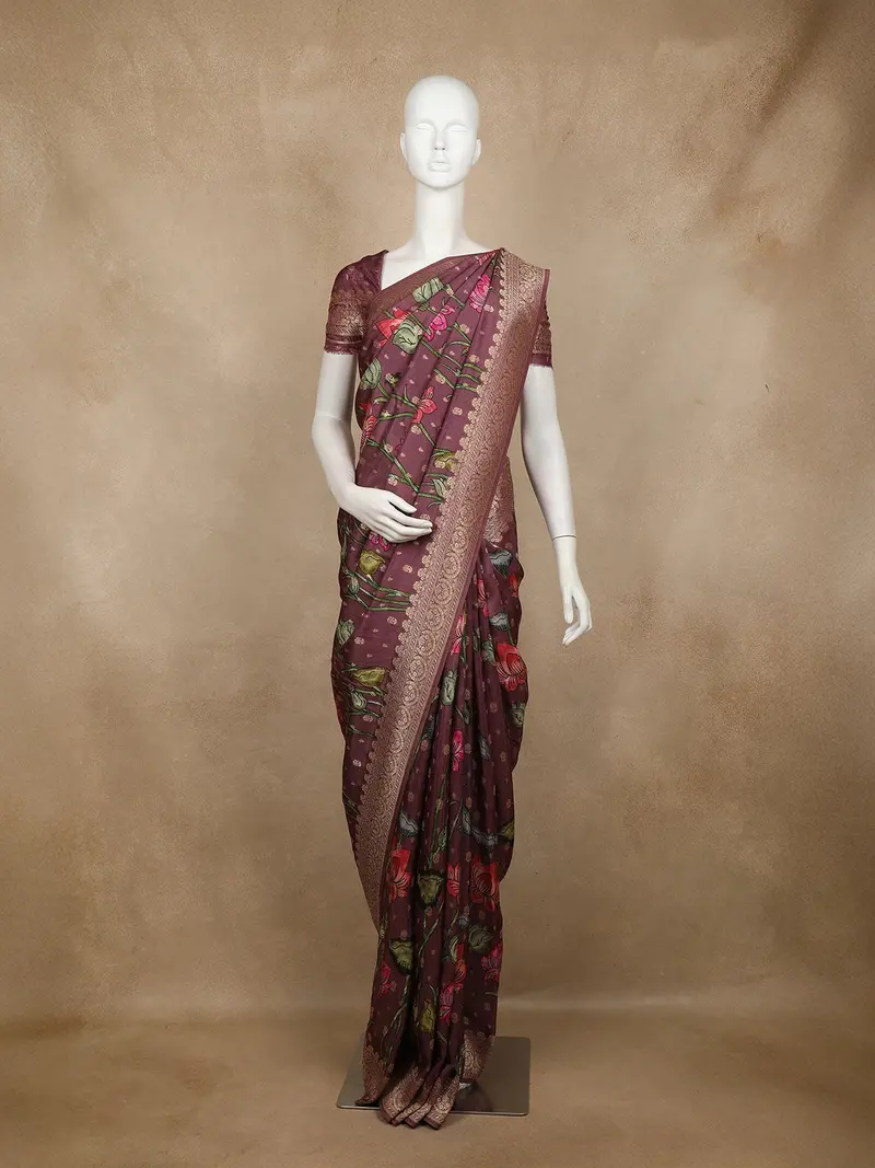 Wine Floral Printed Design Banarasi Saree With Zari Border 1